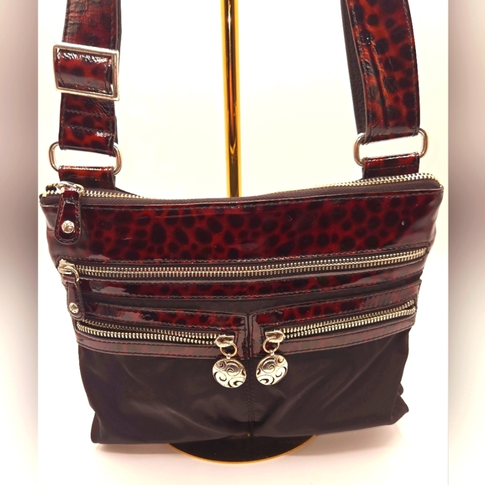 BRIGHTON Nylon Crossbody Black Bag Tortoise Shell Print Strap